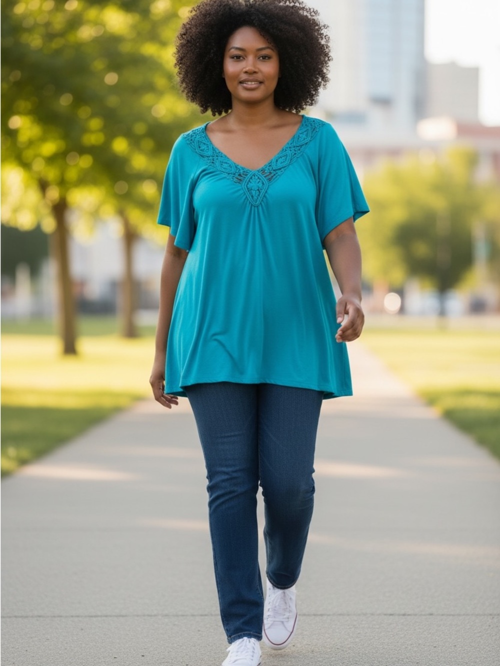 Faded Glory Teal V-Neck Embroidered Flutter Sleeve Tunic